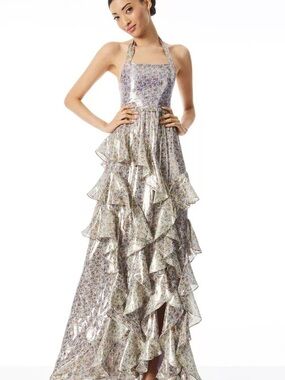 Alice + Olivia Floral Metallic Ruffle Maxi Dress in Pale Lavender and Silver